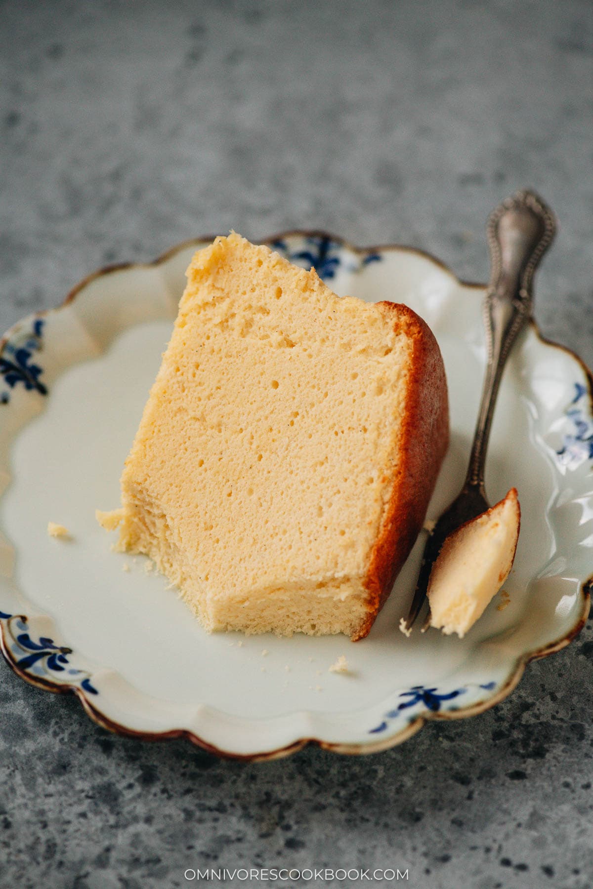 Taking bites from a slice of Japanese cheesecake