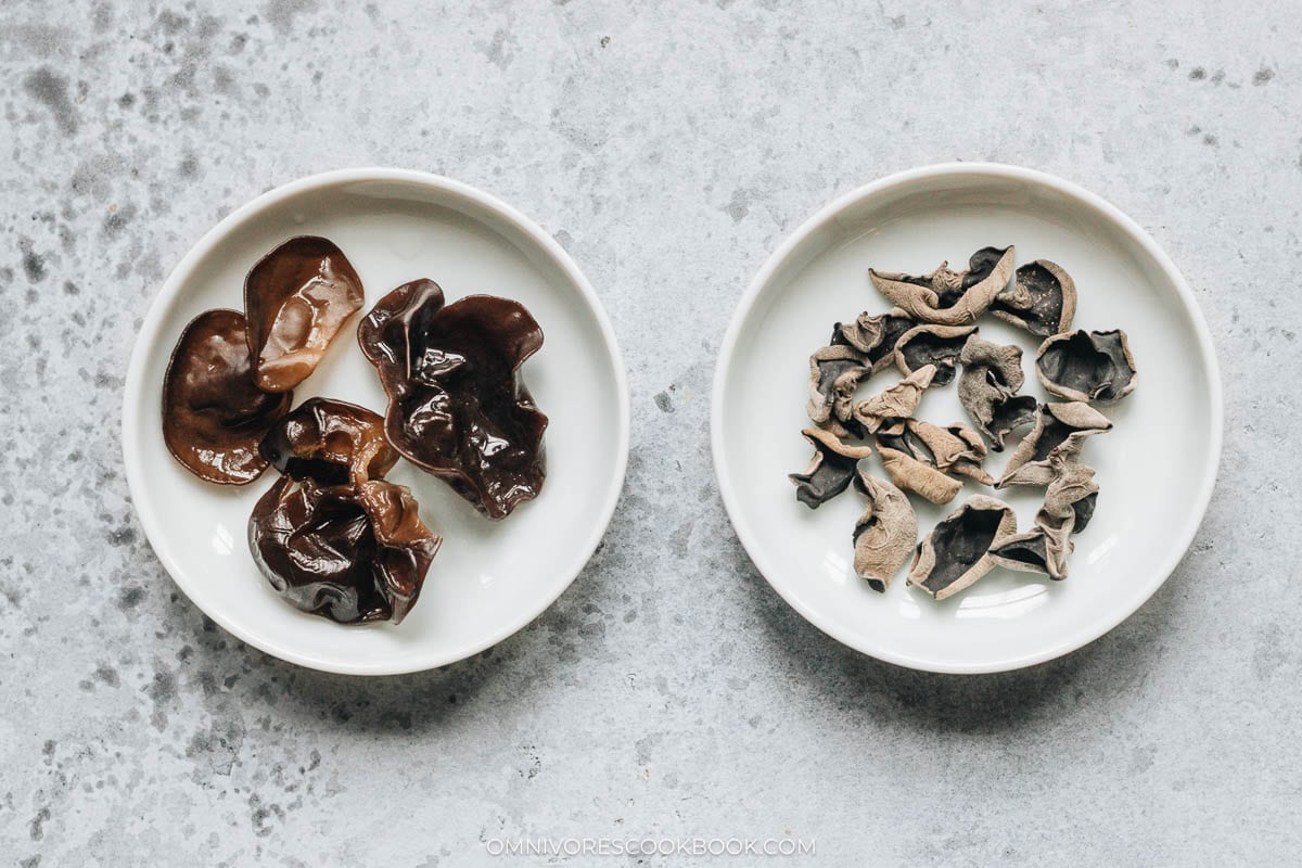 Dried and rehydrated wood ear mushrooms