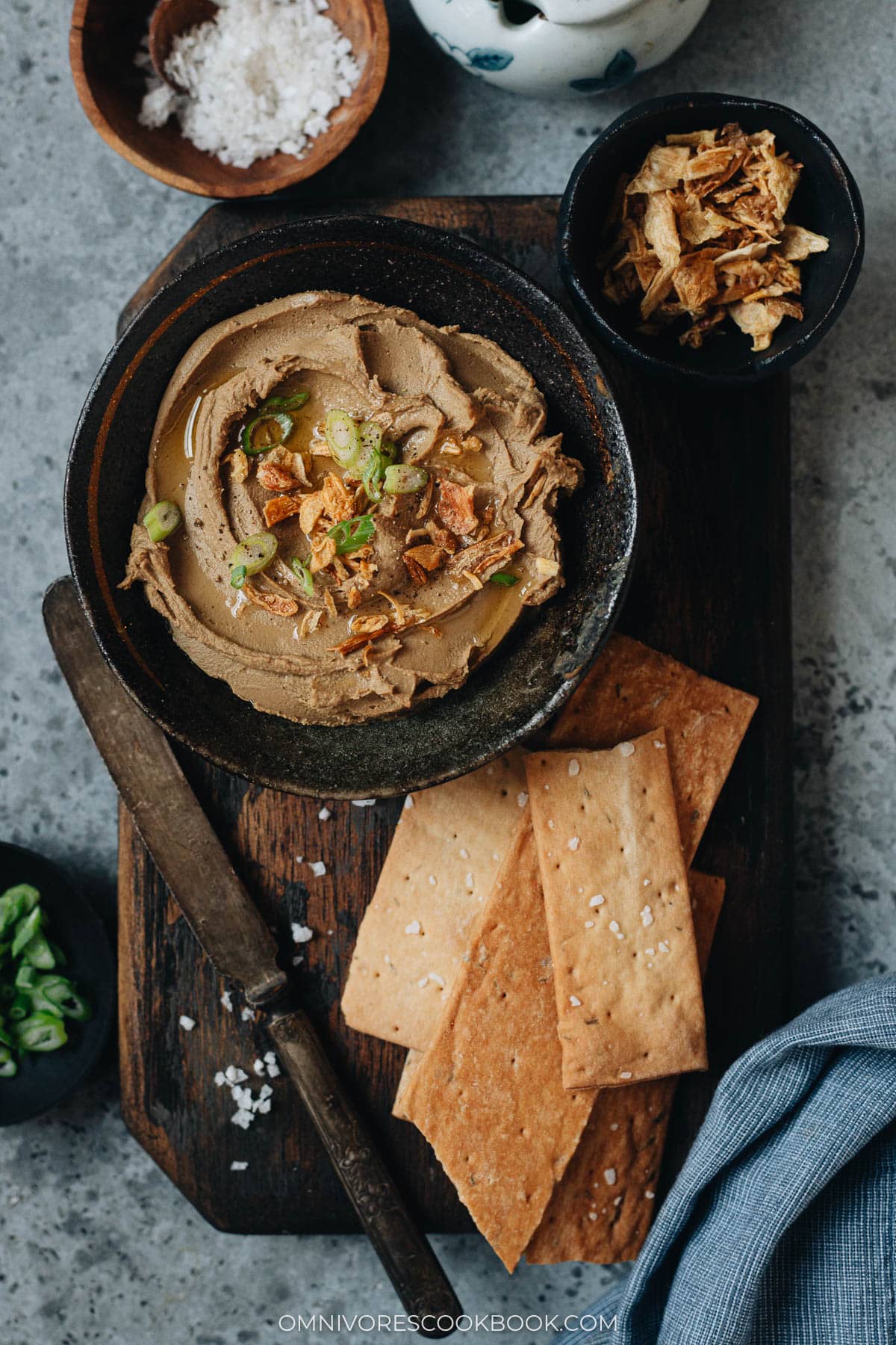 Malaysian style chicken liver pâté served with crackers and fried shallot