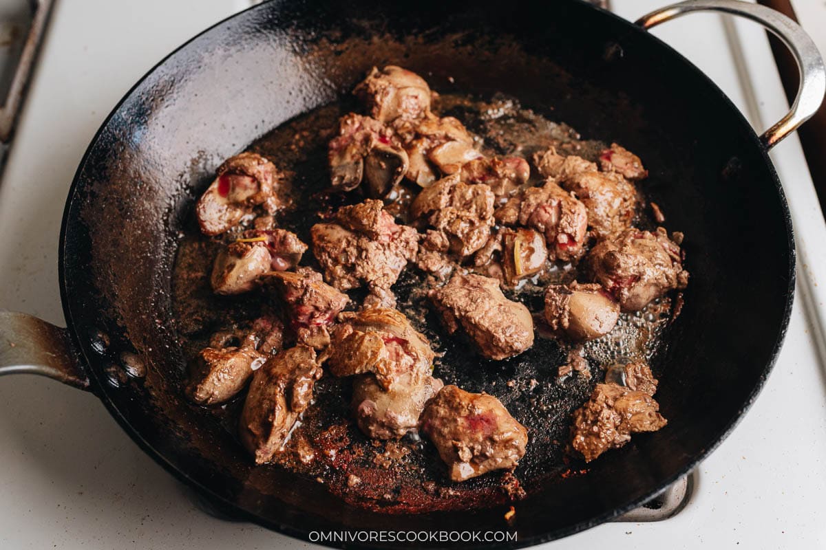 Searing chicken liver in a pan