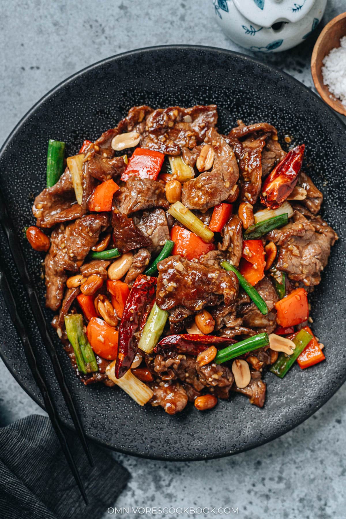 Kung pao beef served in a plate