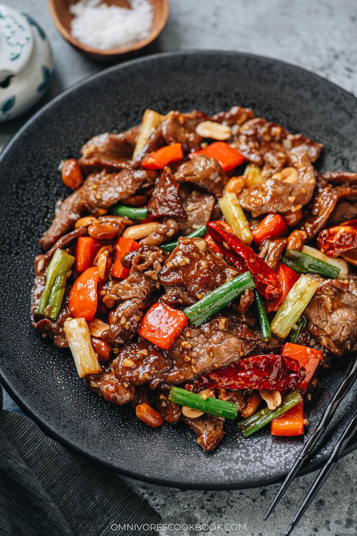 Kung pao beef served in a plate close up