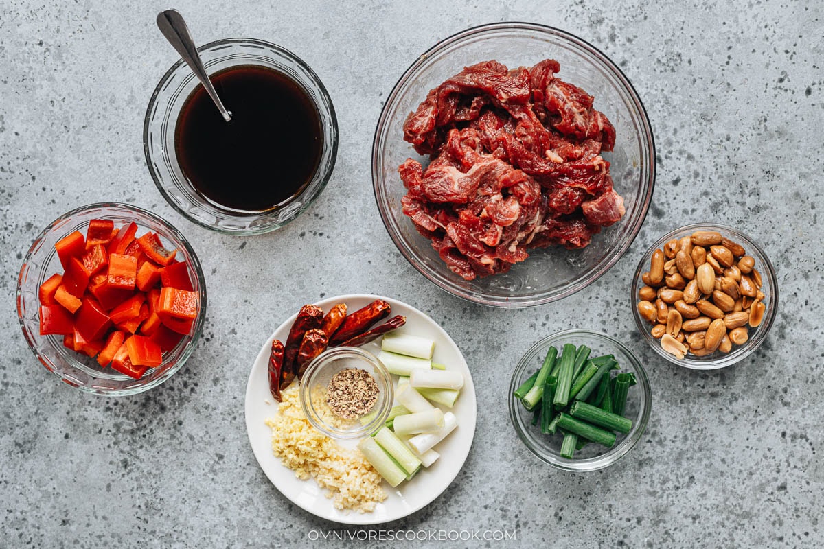 Ingredients for making kung pao beef