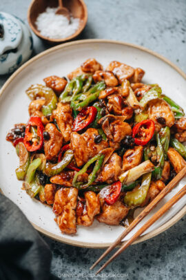 Hunan chicken made with fermented black beans and chili peppers