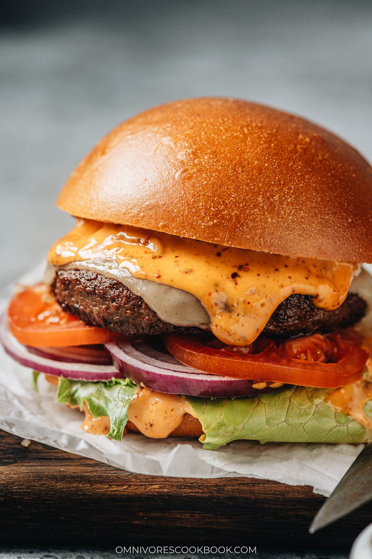 Homemade lamb burger with chili crisp mayo