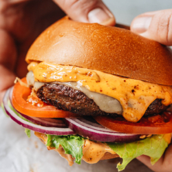 A Xinjiang-inspired lamb burger that uses cumin, chili flakes and Sichuan peppercorns for a spiced up burger patty, served with chili crisp mayo on a brioche bun. These lamb burgers are perfect for you if you like bold flavors!