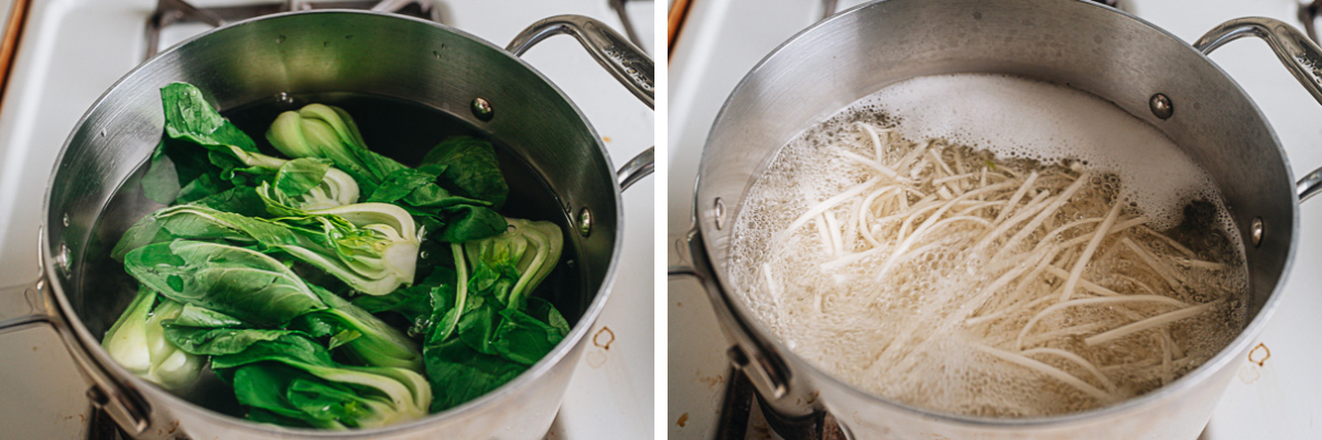 Blanch the bok choy and cook the noodles