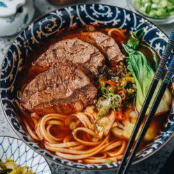 A hearty bowl of Taiwanese beef noodle with buttery tender beef, chewy noodles, a savory aromatic broth that’s slightly sweet, and salty mustard greens. It’s such a classic dish that’s perfect for your Sunday dinner.