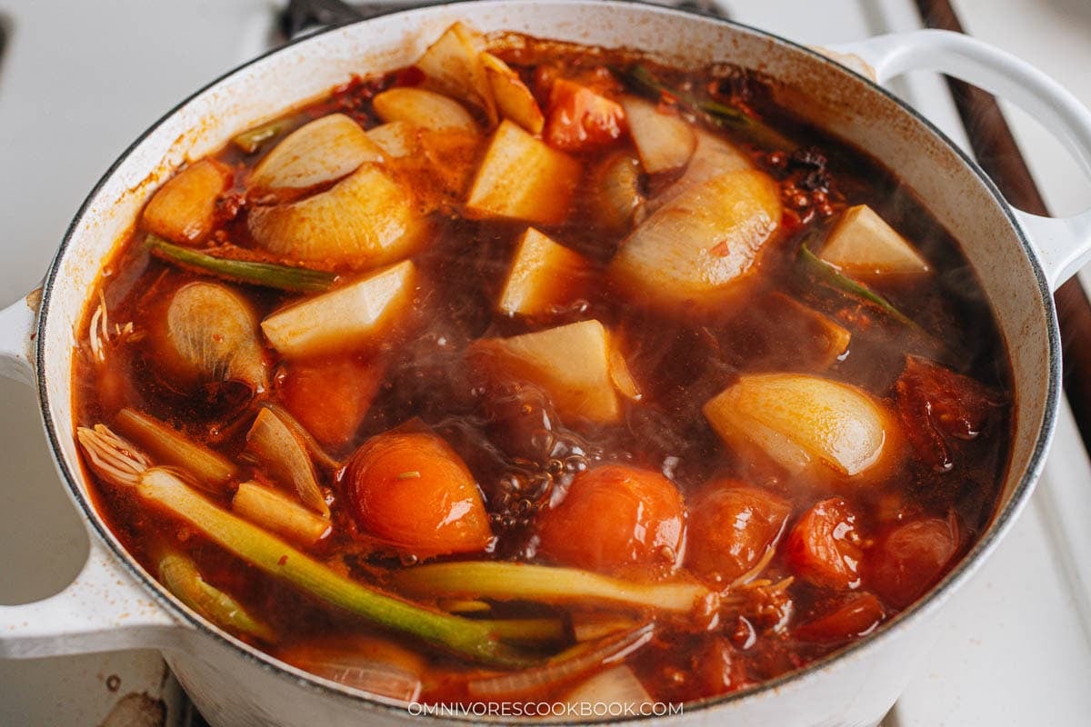 Braising the beef and vegetables