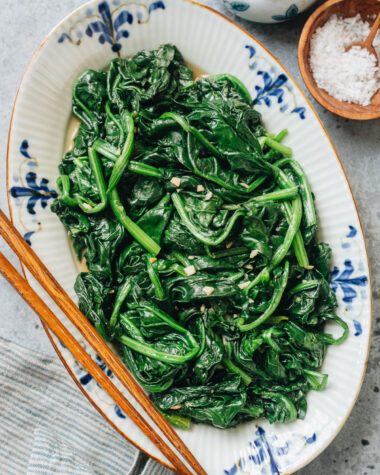 Homemade spinach stir fry served on a plate