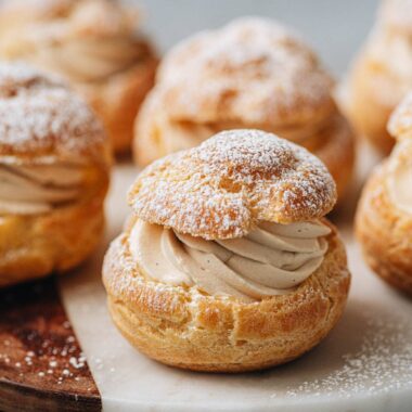 Choux pastry with milk tea cream close up