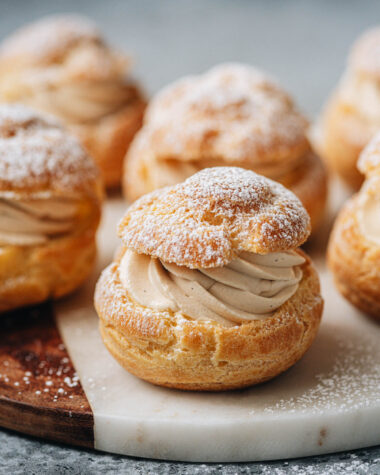 Choux pastry with milk tea cream close up