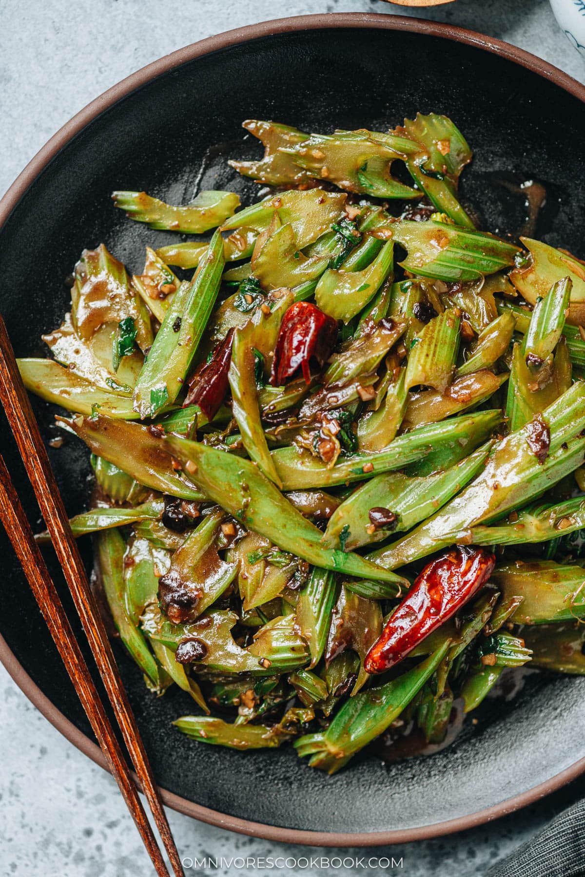 Homemade celery stir fry close up
