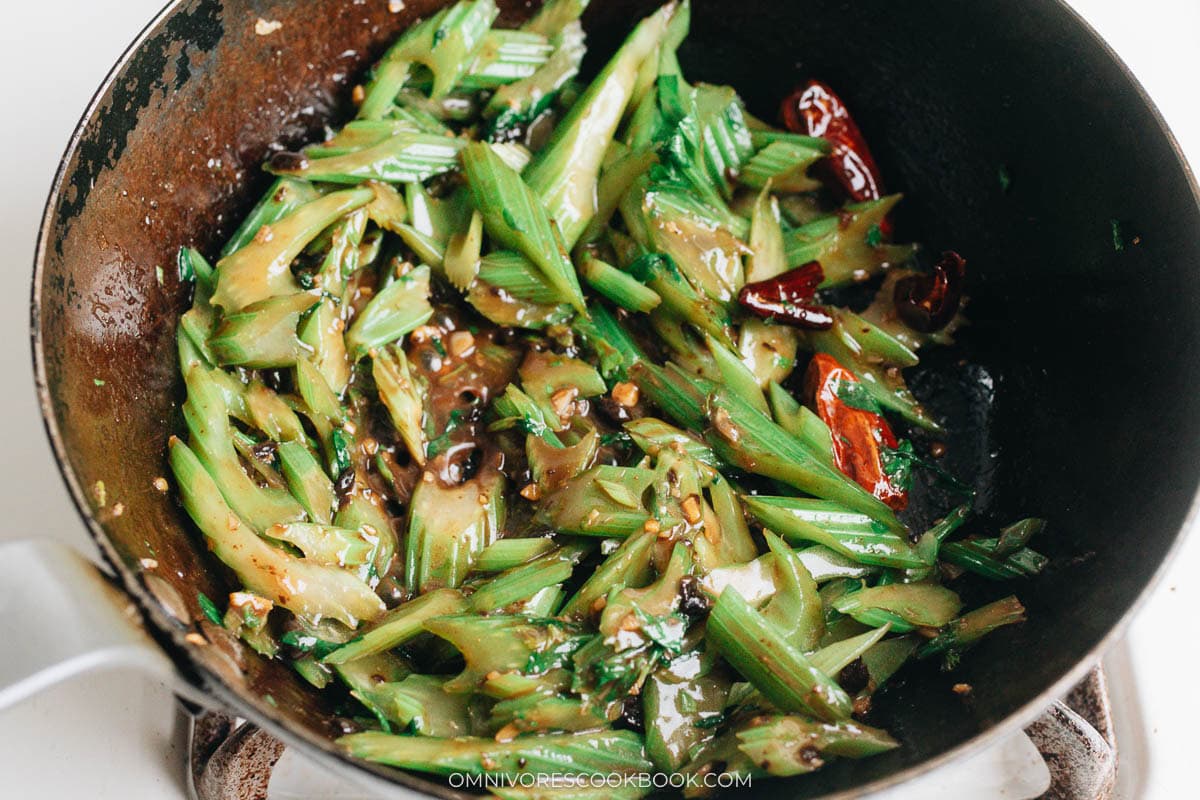 Finishing up celery stir fry with the sauce