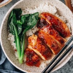 This char siu chicken is moist and tender, with glossy sticky skin, flavorful meat, and a char siu glaze packed with umami. Learn to use this one secret ingredient to make the best tasting char siu sauce that is naturally red without food coloring. {Gluten-Free Adaptable}