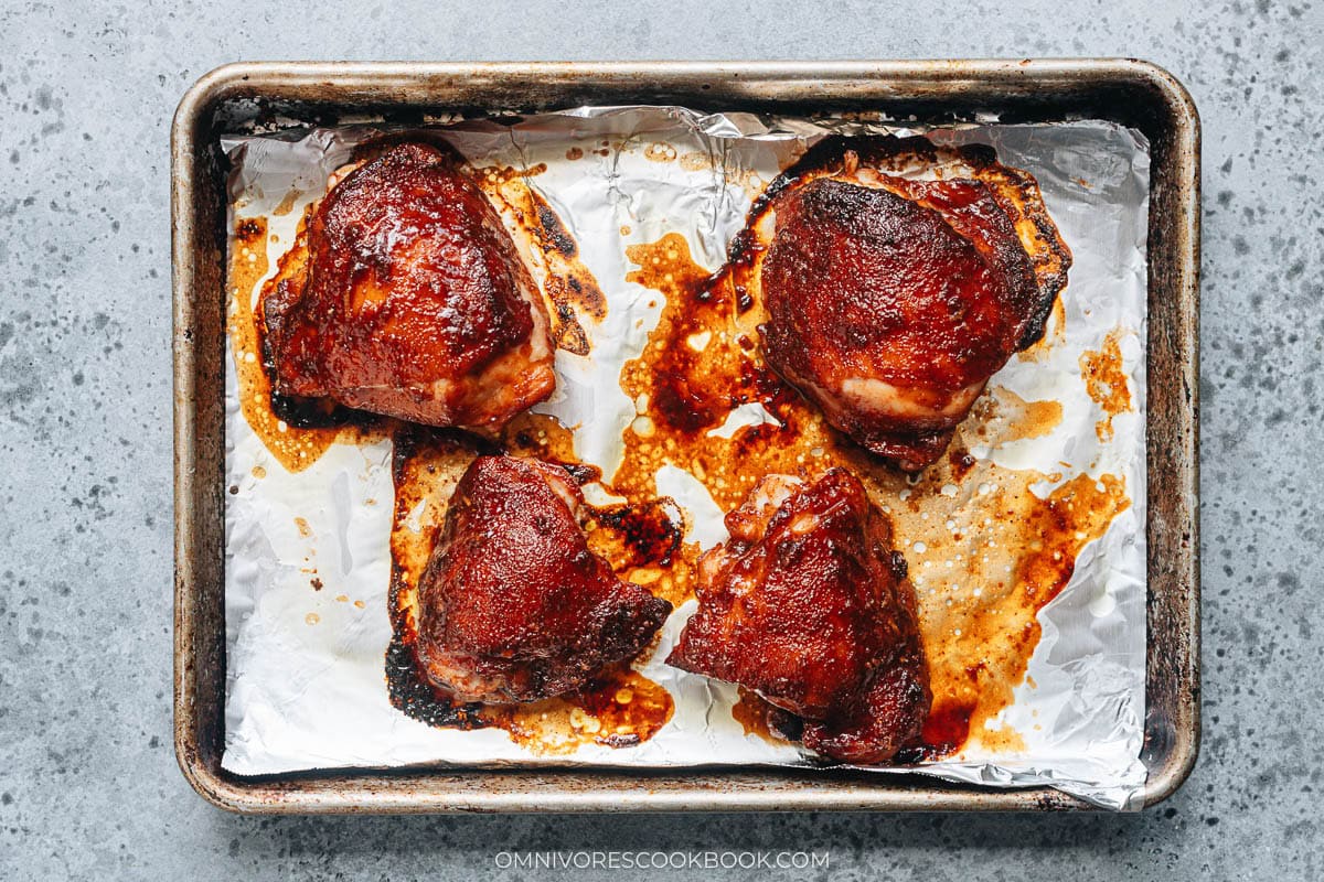 Finished char siu chicken on baking tray