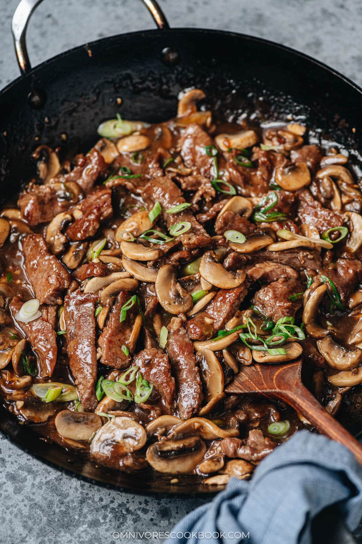 Beef and mushroom stir fry in a pan