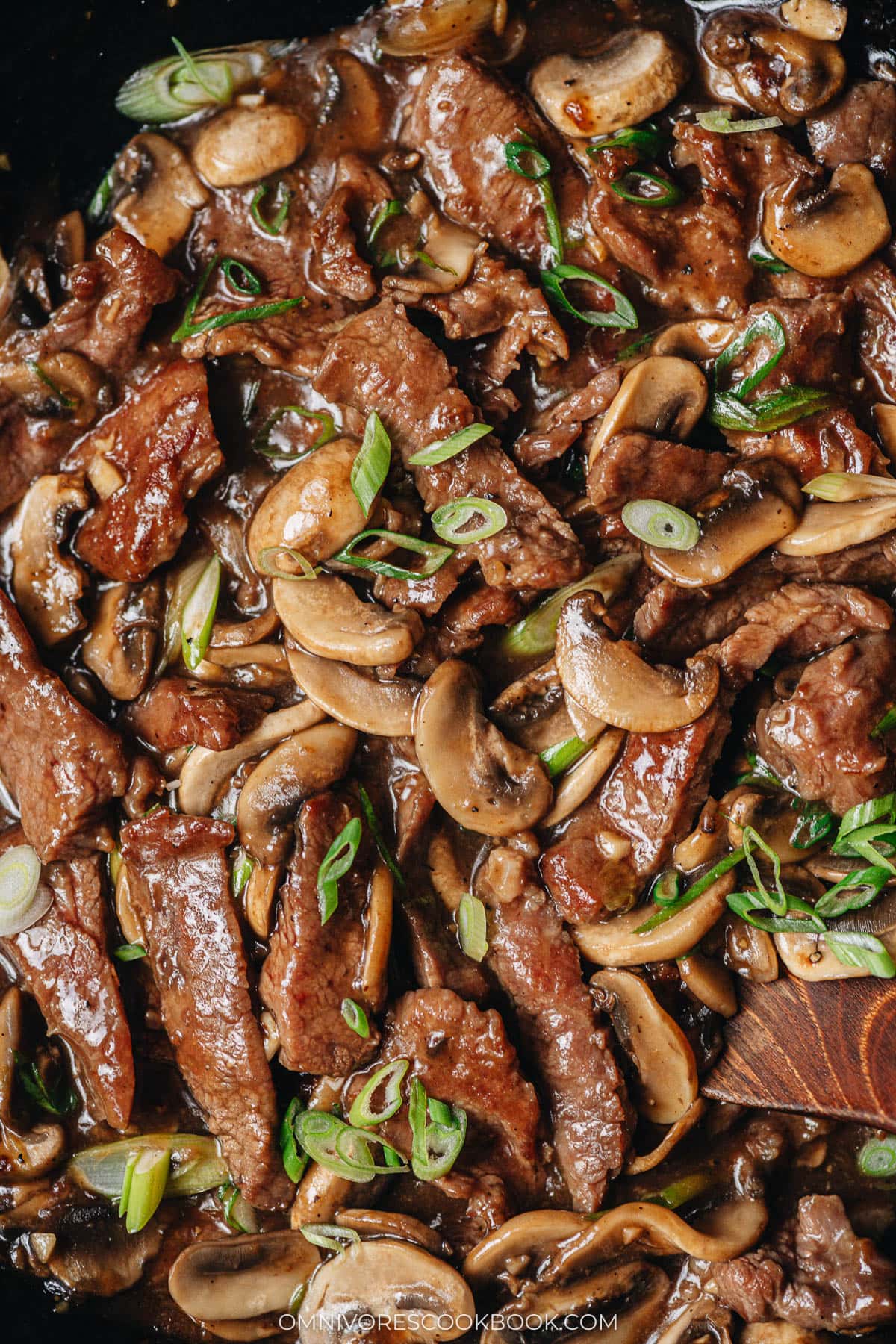 Beef and mushroom stir fry close up