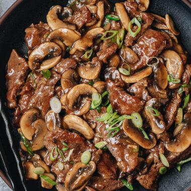 Beef and mushroom stir fry served in a plate