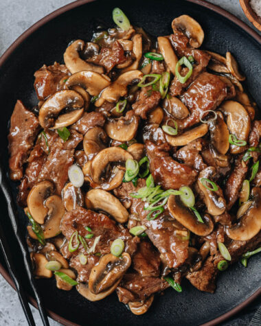 Beef and mushroom stir fry served in a plate