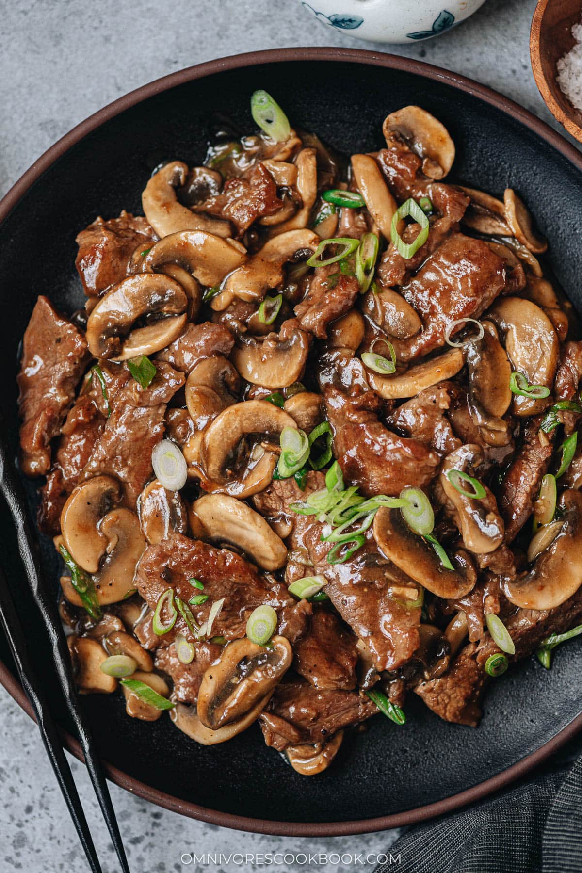 Beef and mushroom stir fry served in a plate