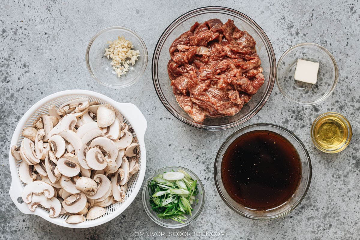 Beef and mushroom stir fry mise en place