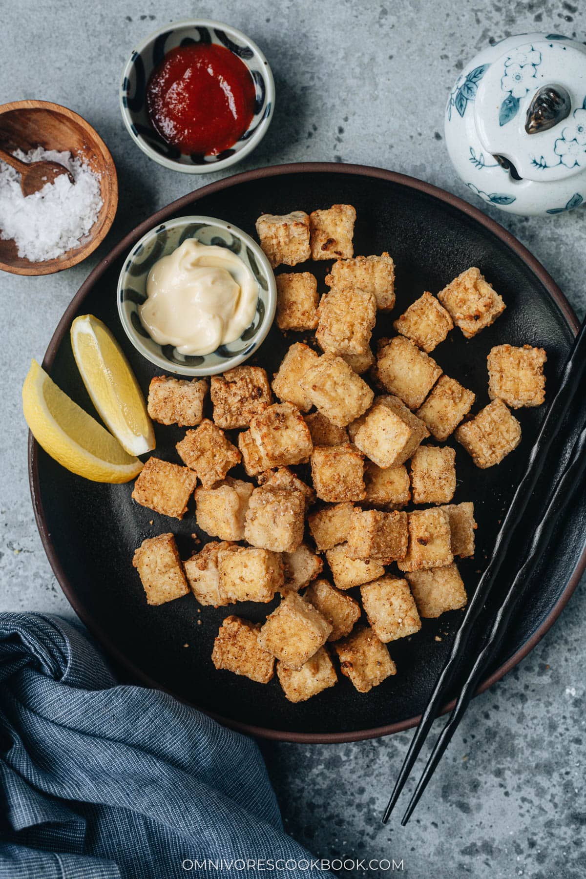 Crispy air fryer tofu served with lemon and mayonnaise