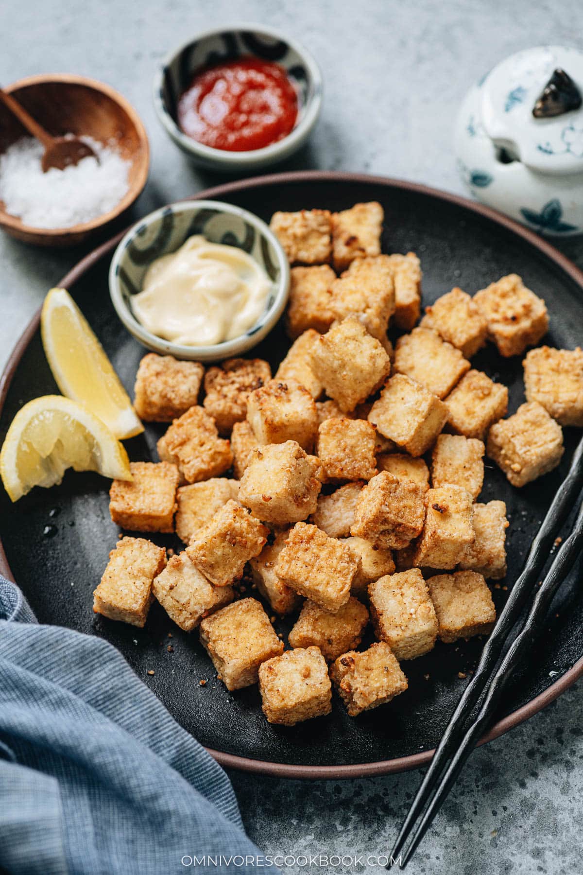 Homemade crispy air fryer tofu in a plate