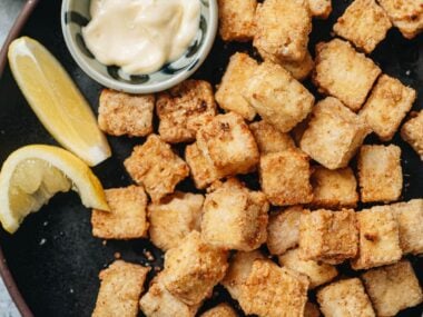 Air fryer tofu in a plate close up