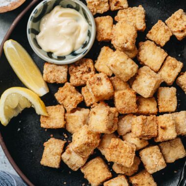 Air fryer tofu in a plate close up