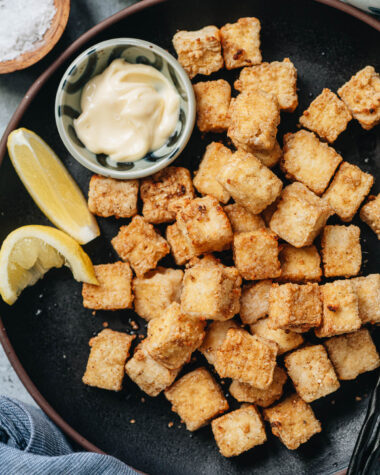 Air fryer tofu in a plate close up