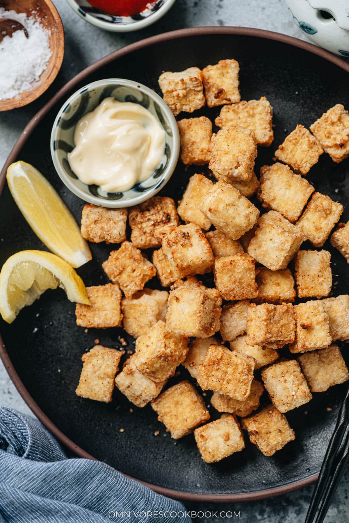 Air fryer tofu in a plate close up