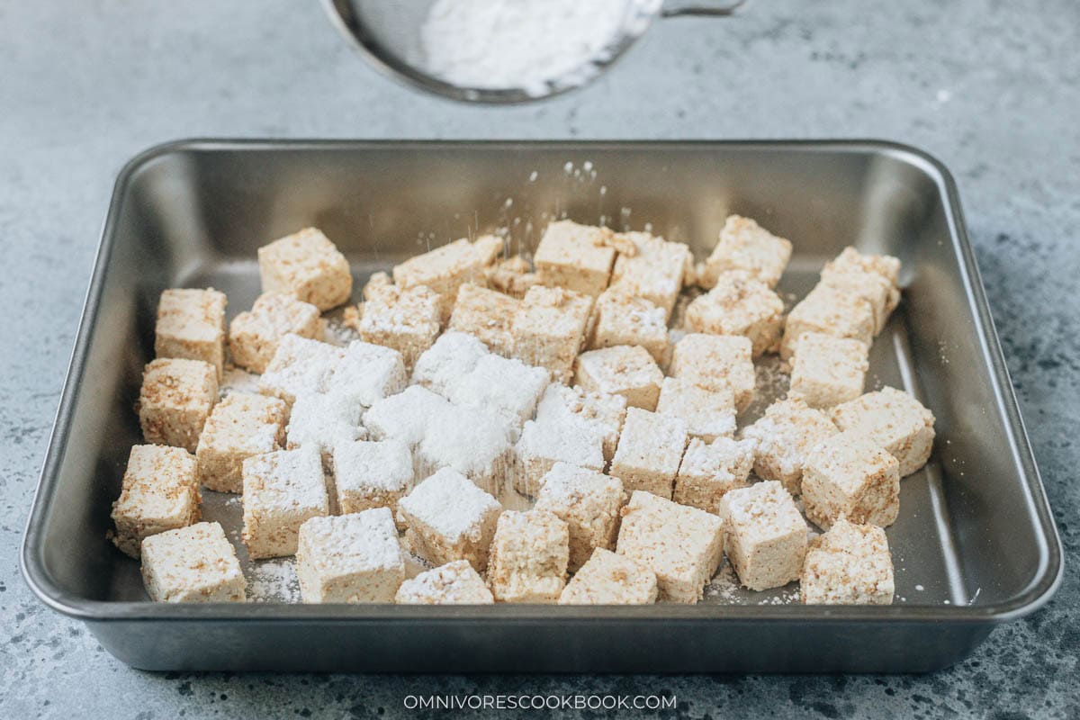 Coat the tofu with cornstarch