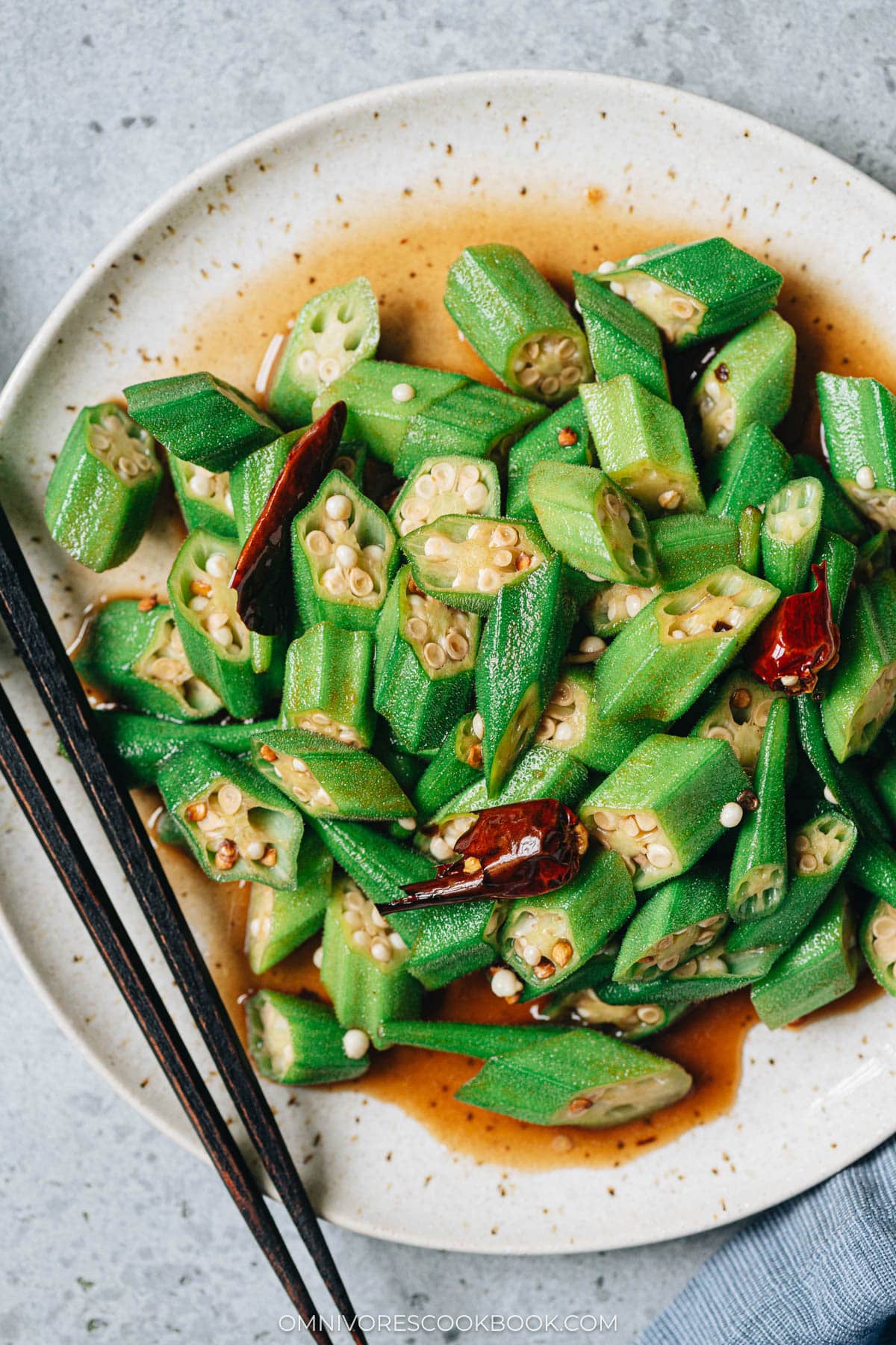 Homemade okra stir fry close up
