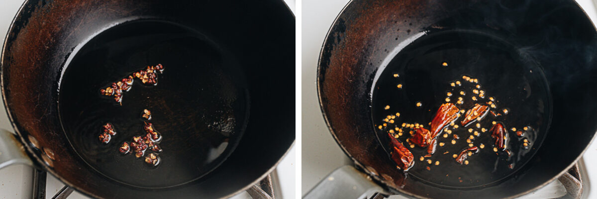 Cook Sichuan peppercorn and chili pepper to infuse oil