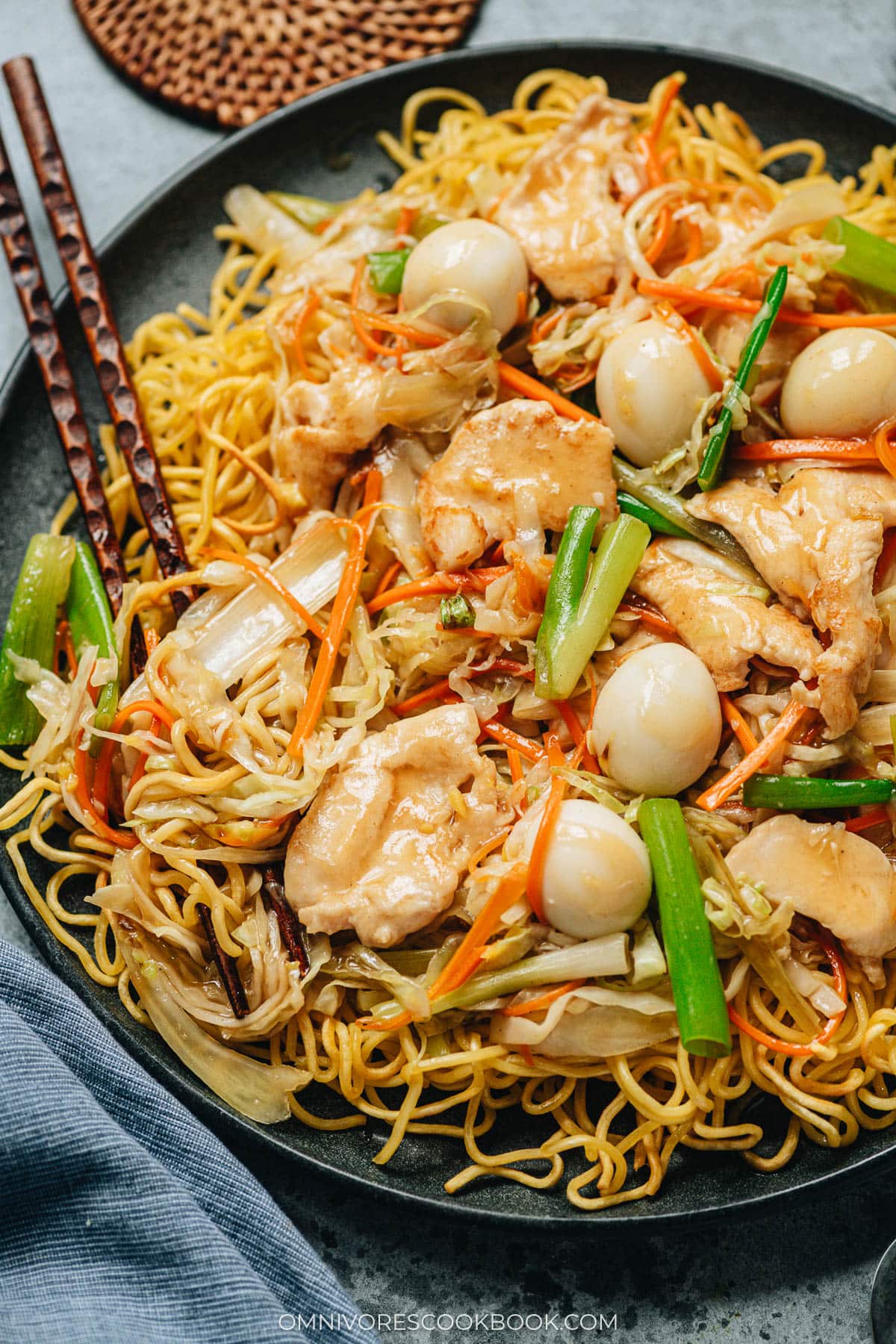 Chicken pan fried noodles close up
