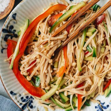 Chinese enoki mushroom salad close up