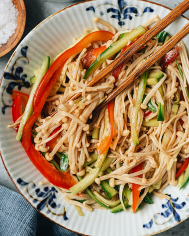Chinese enoki mushroom salad close up