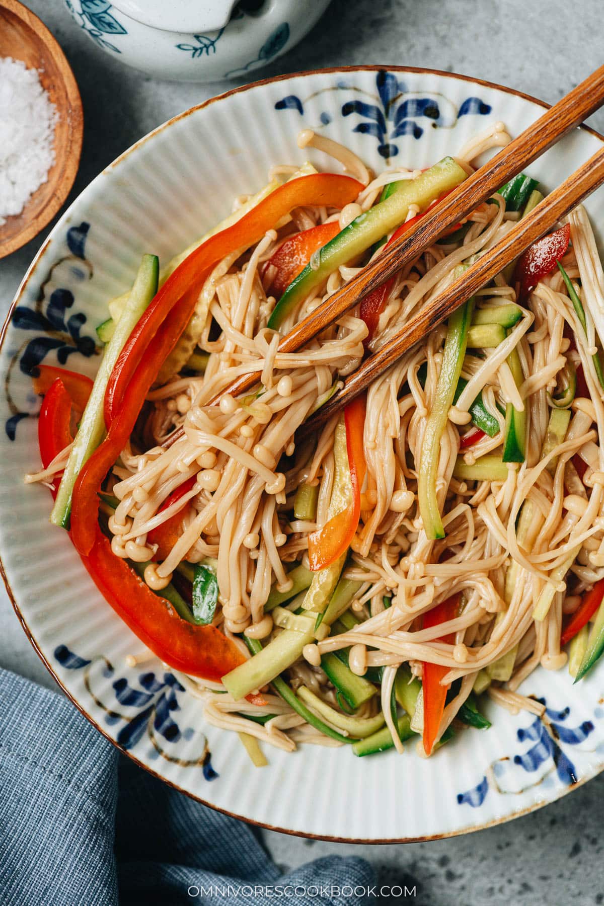 Chinese enoki mushroom salad close up