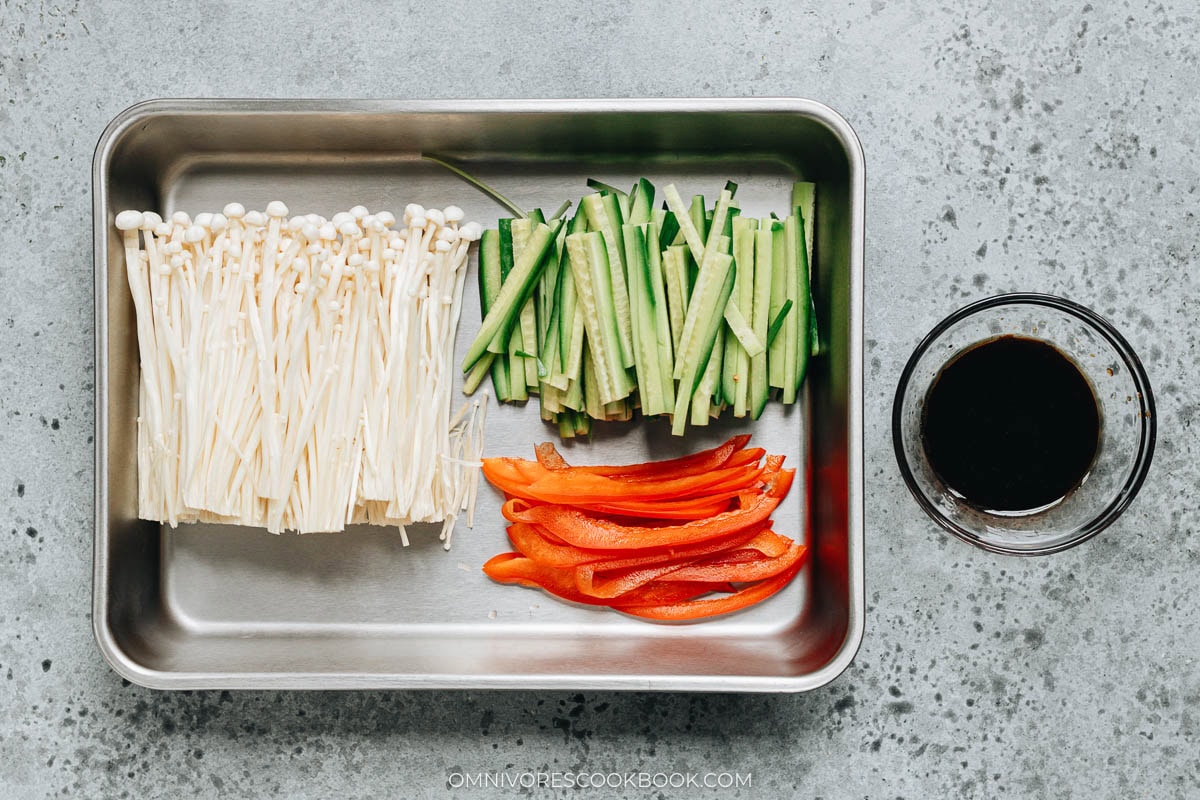 Ingredients for making enoki mushroom salad