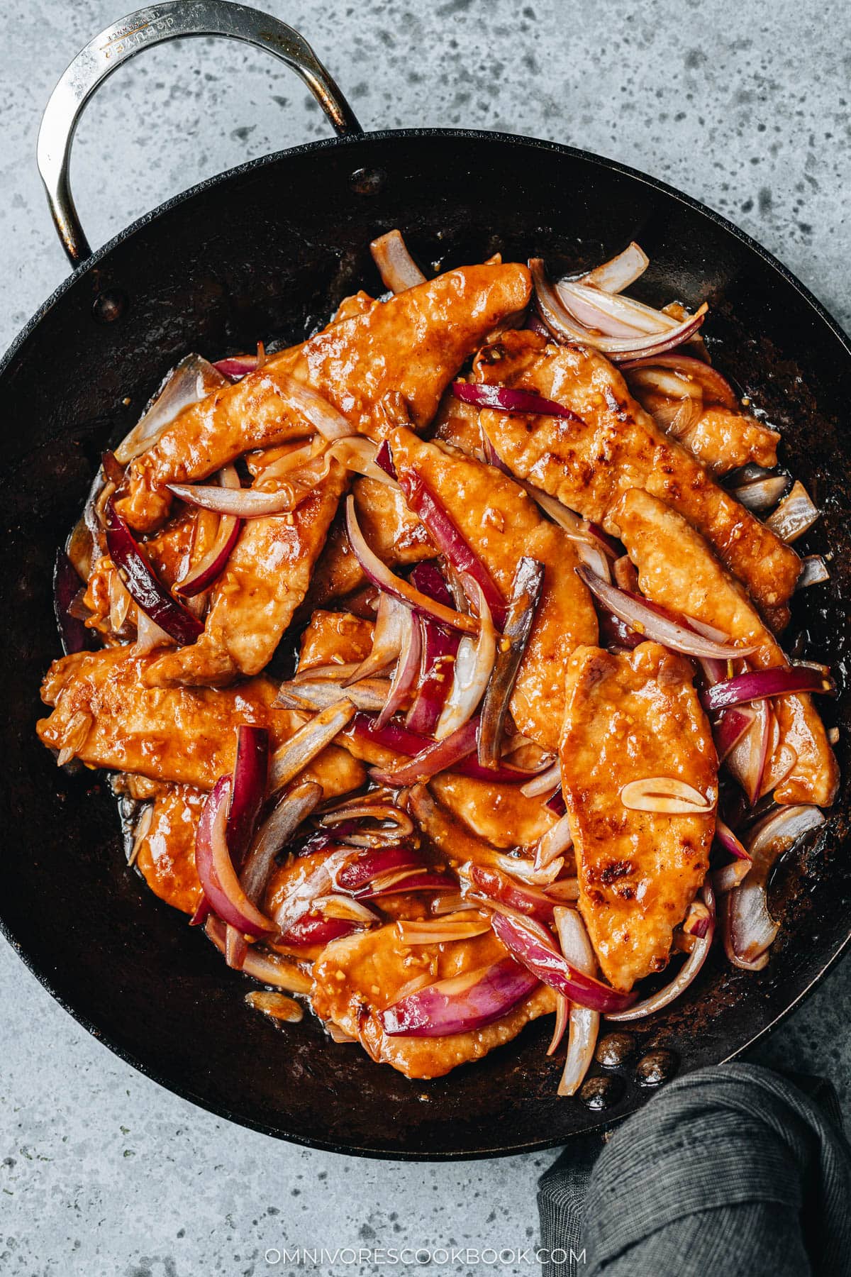 Hong Kong style pork chops in a skillet