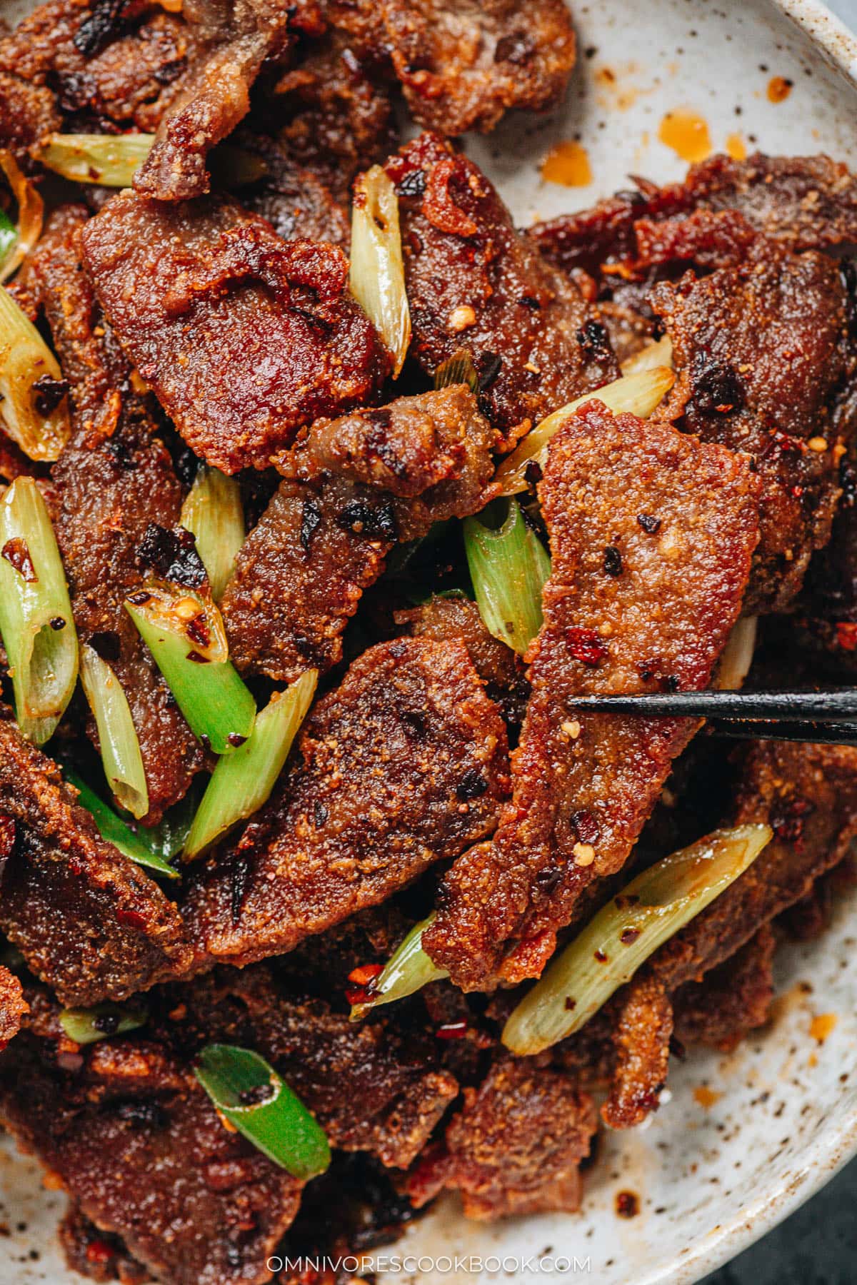 Sichuan crispy beef stir fry close up