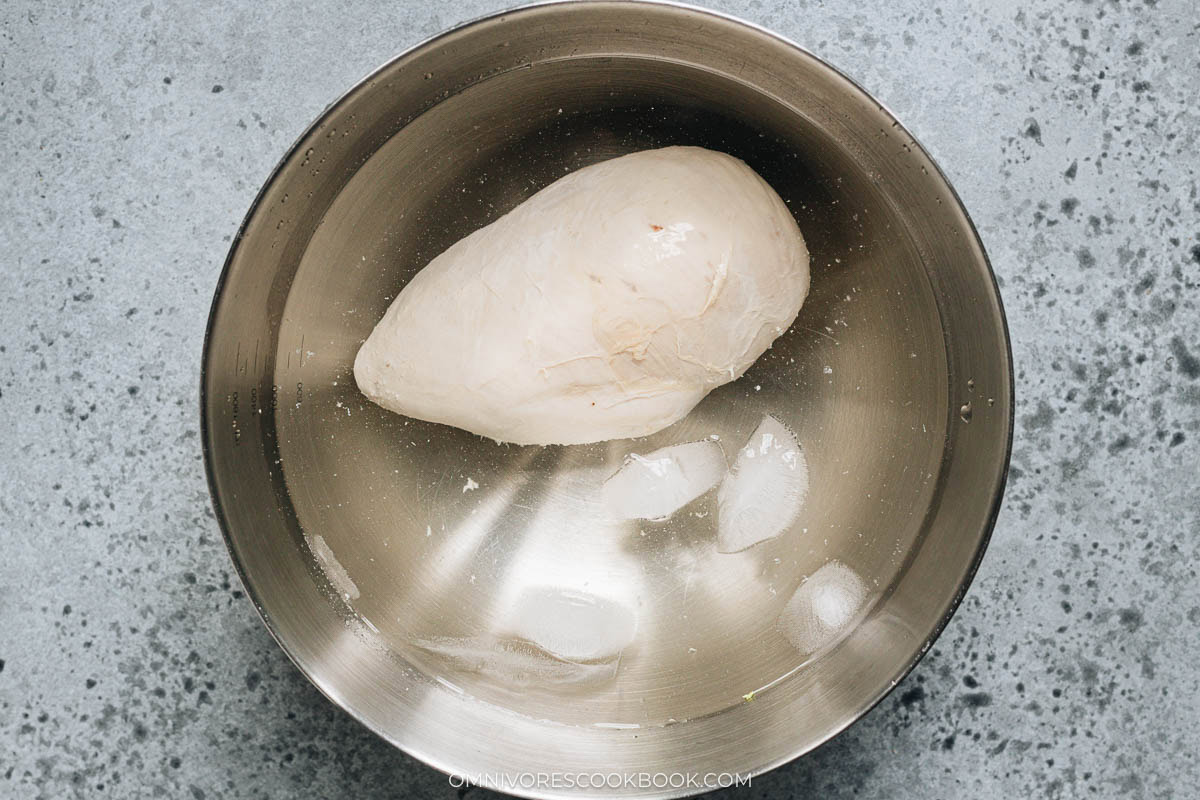 Use ice bath to chill the chicken breast