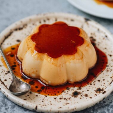 Homemade hojicha purin served on a plate