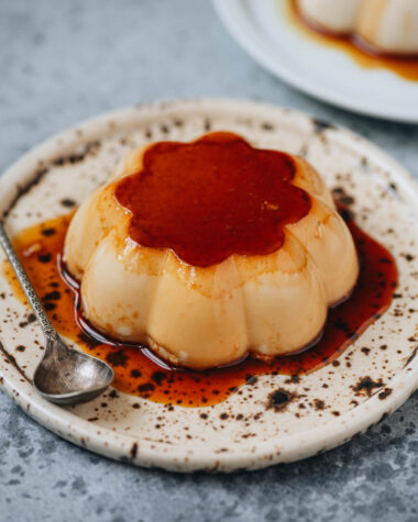 Homemade hojicha purin served on a plate