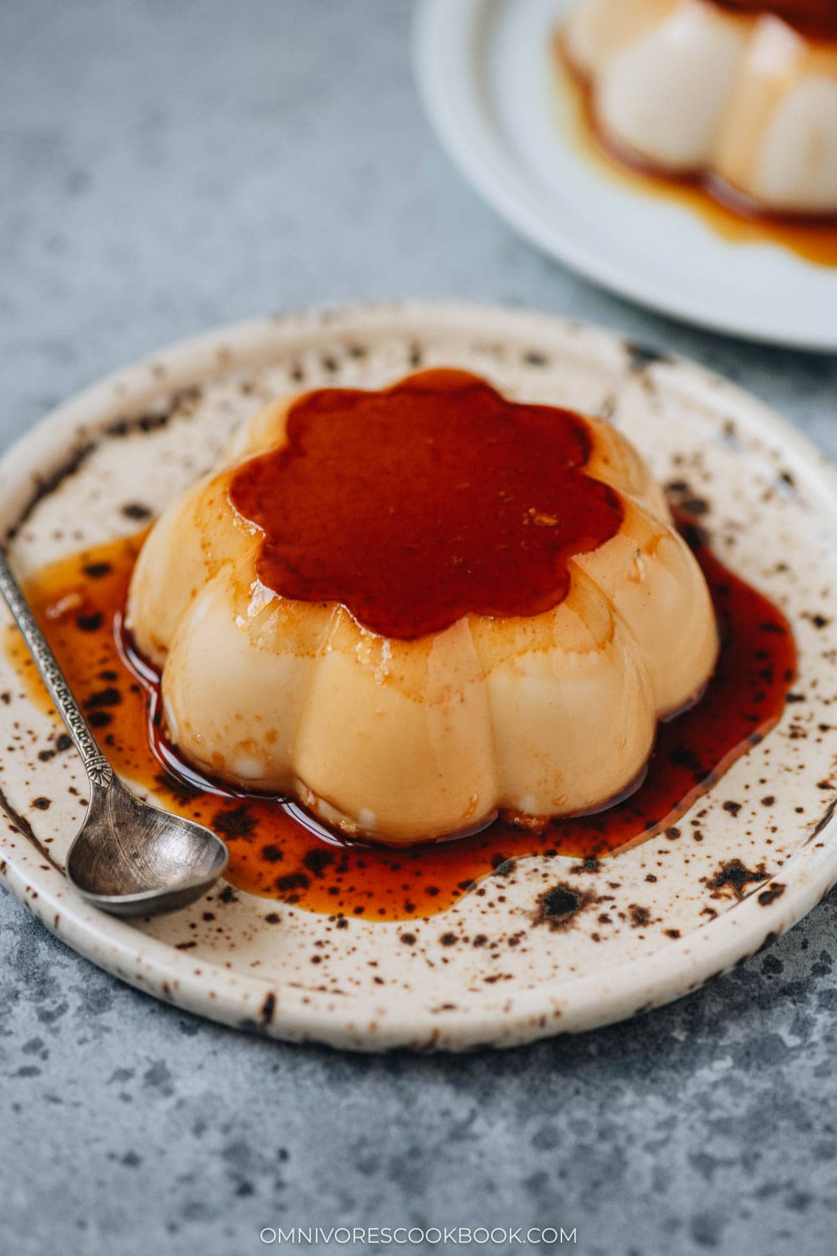 Homemade hojicha purin served on a plate