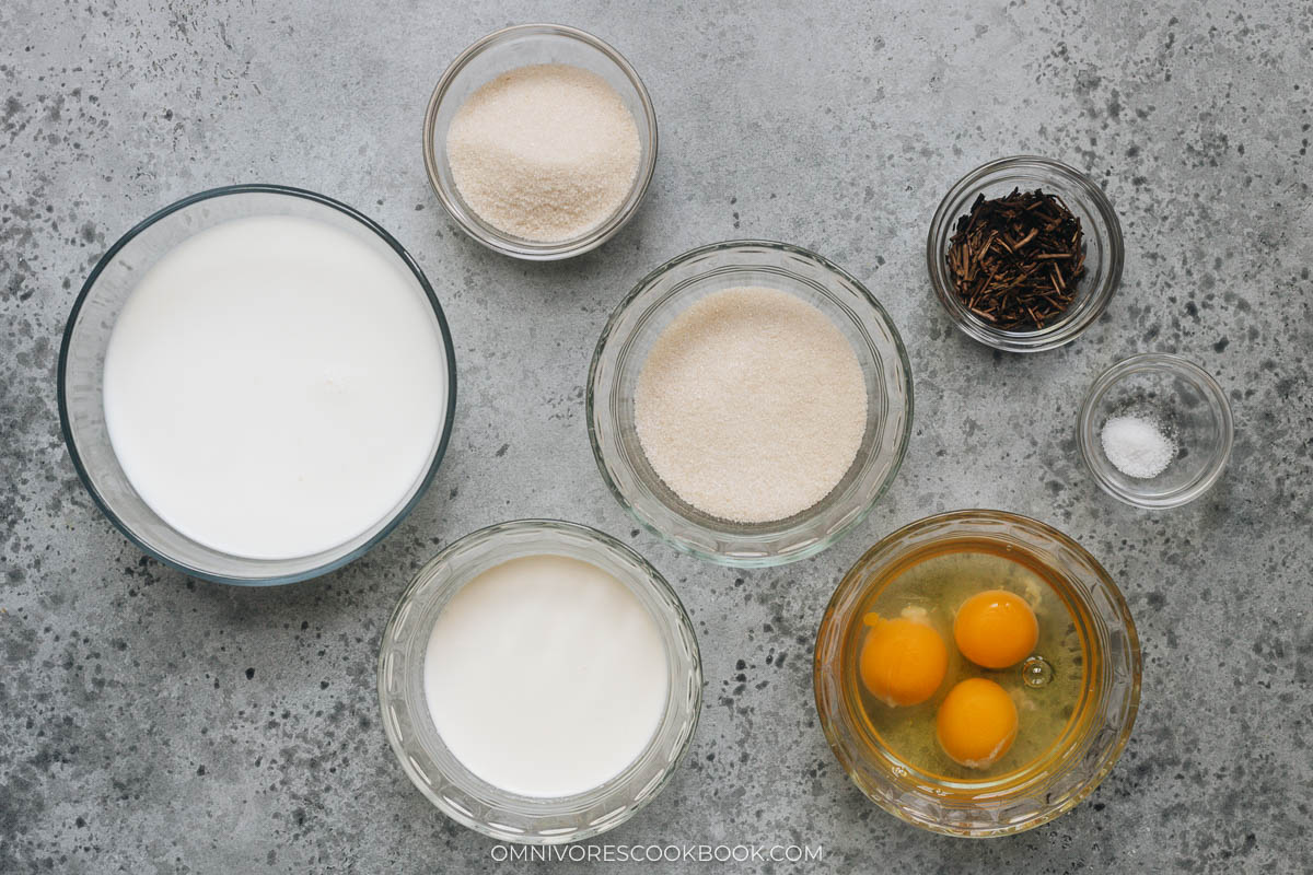 Ingredients for making hojicha purin
