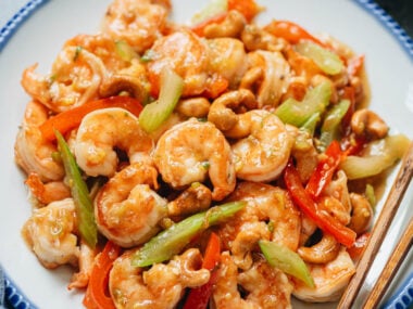 Chinese cashew shrimp with pepper and celery