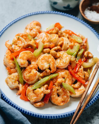 Chinese cashew shrimp with pepper and celery
