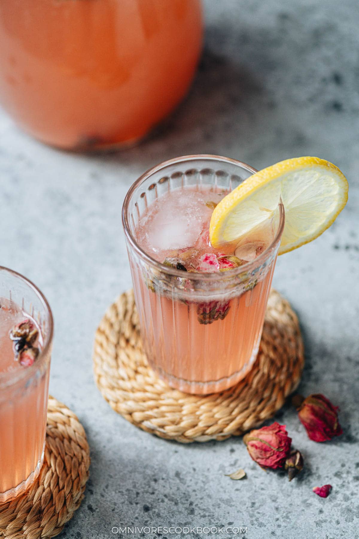 A glass of rose lemonade close up